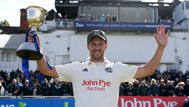 Steven Mullaney lifting the County Championship Division Two trophy at Trent Bridge
